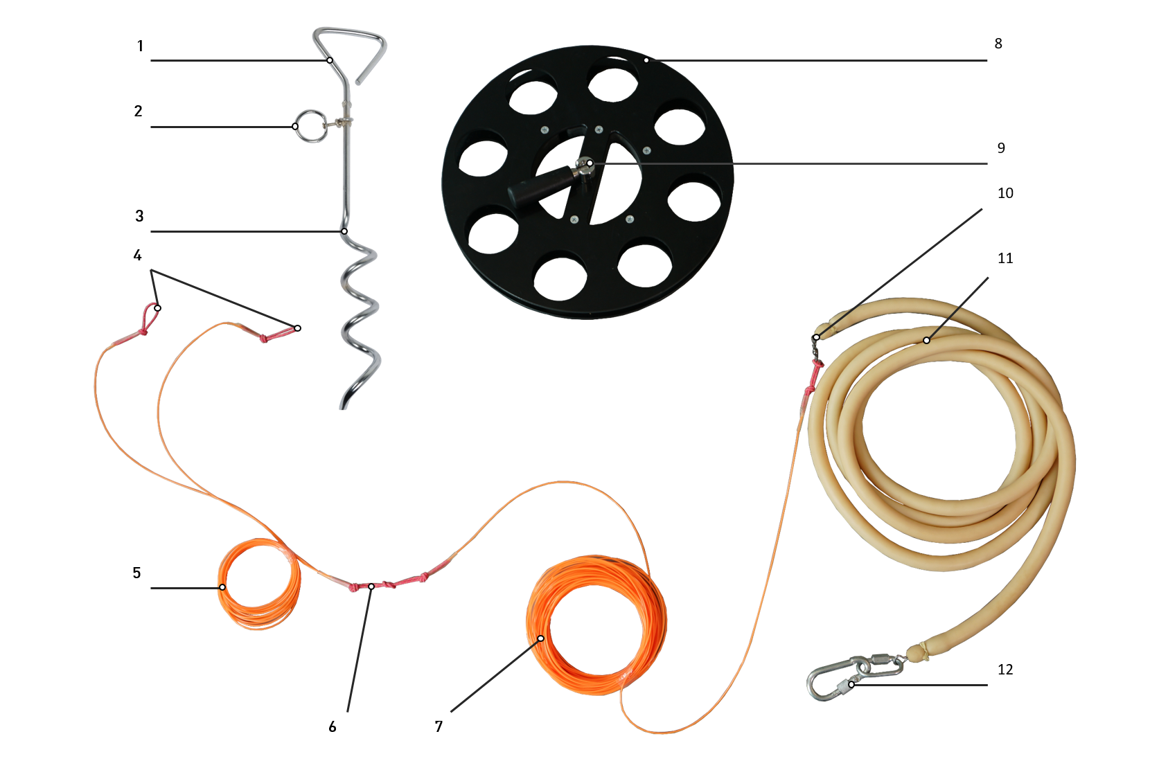 Bungee cord  - Details: 1. Screw handle, 2. Screw attachment hook, 3.Screw, 4. UAV attachment loop, 5. Attachment cord, 6. Cord attachment loop,  7.Main cord, 8. Bungee cord storing disc, 9. Storing disc handle, 10. Elastic attachment loop, 11. Bungee elastic, 12. Attachment carabiner