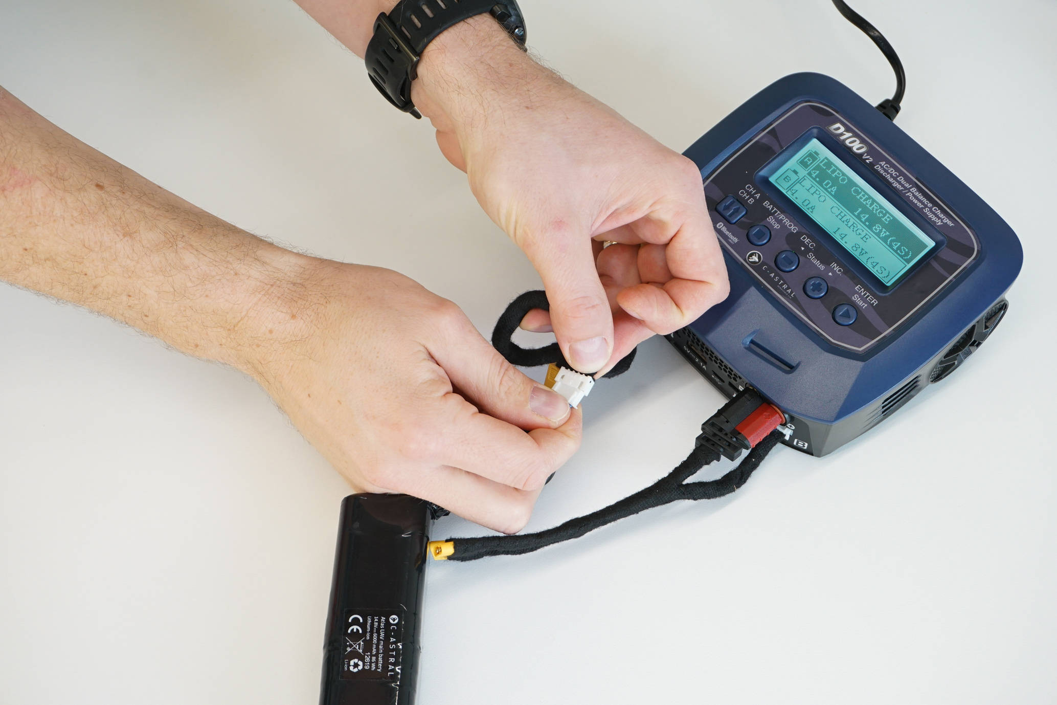 Charging UAV batteries - Connecting battery balancer cable.