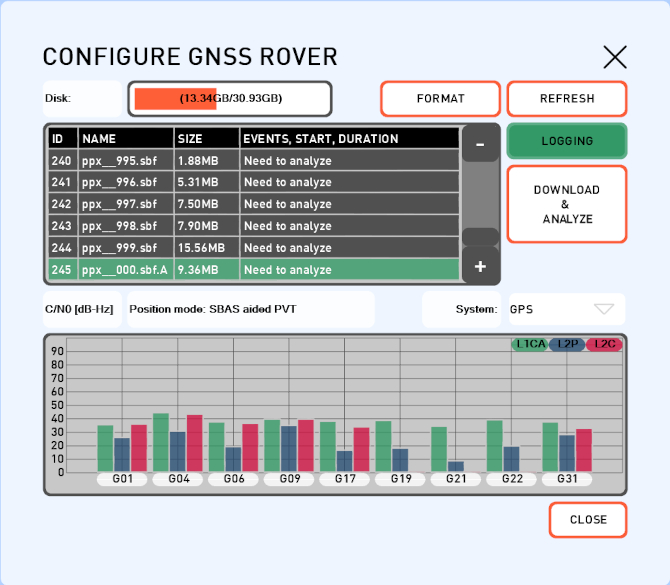 GNSS rover configuration window.