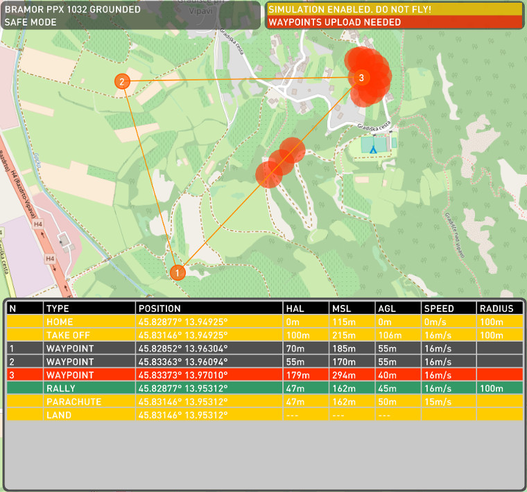 Ground Proximity warning - The third waypoint has AGL equal to the Minimum HAG value.