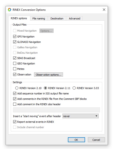 RINEX Conversion Options.